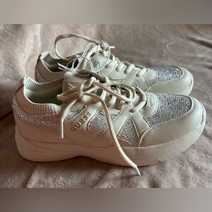 New Guess Cream and Silver Rhinestones Bling Chunky Sneakers Tennis women’s 10M